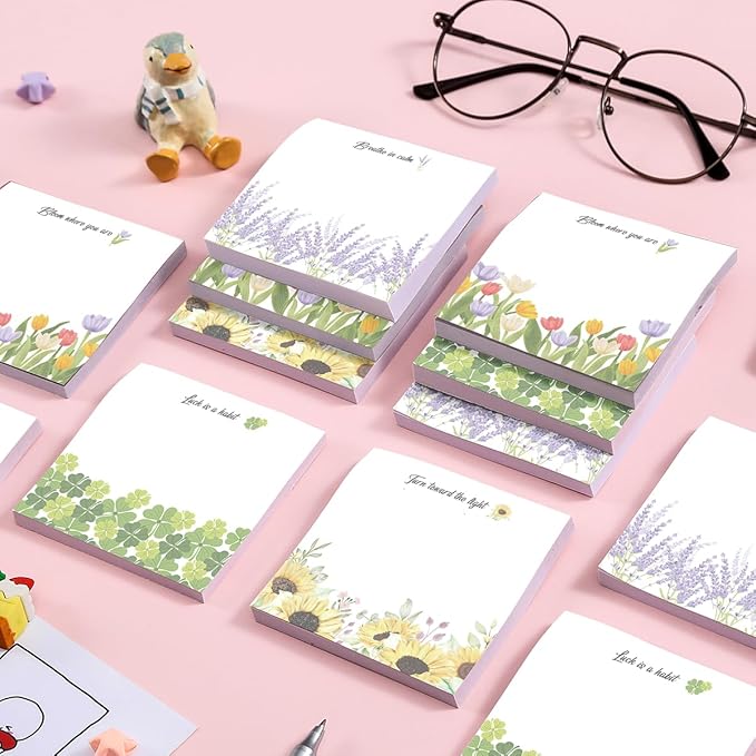 Cute Floral 4-Pad/200 Sheets 3x3in Sticky Notes Set, Adorable Memo Pads with High-Adhesive, Reusable Tearable Post it Notes for Journal Planners Office School Home, Bulk Stationery Gift