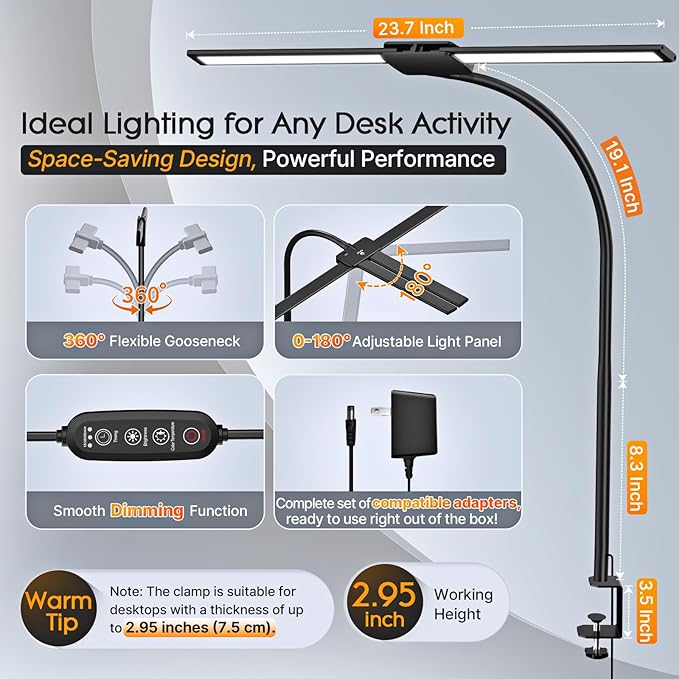 Syrinx Eye-Caring LED Desk Lamp, Modern Architect Desk Lamp with Gesture Switch/Wired Control, Ultra Bright Desk Light with Memory/Timer, 50 Adjustable Lighting Modes for Home Office Crafting Reading