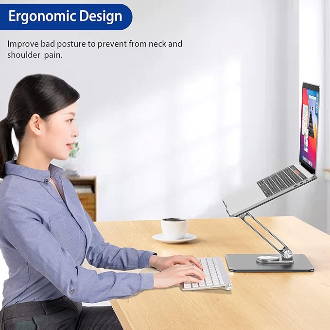 BESIGN LSX7 Laptop Stand with 360 Rotating Base, Ergonomic Adjustable Notebook Riser, Foldable Computer Holder Compatible with 10-15.6" Laptops (Gray)