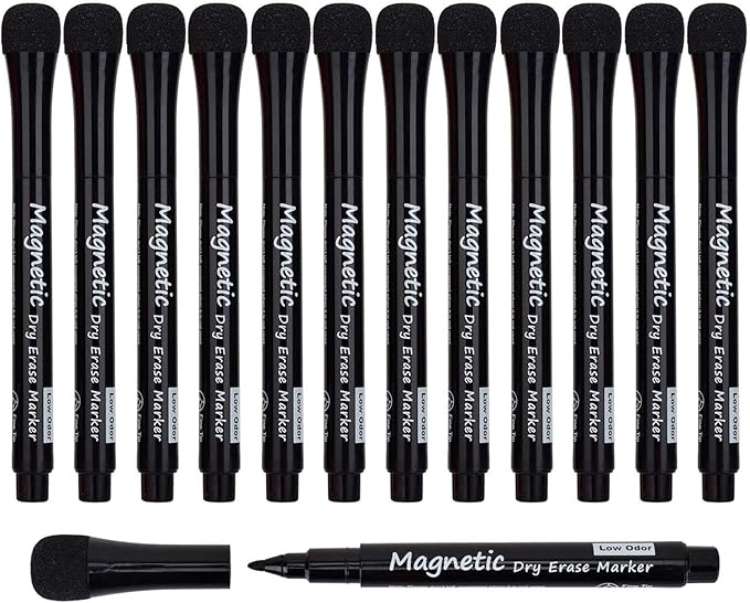 LivDeal Magnetic Dry Erase Markers - Fine Tip, Black Color, 12 Pack, Low Odor Whiteboard Markers for Kids & School, Work On White board & Calendar, Refrigerator