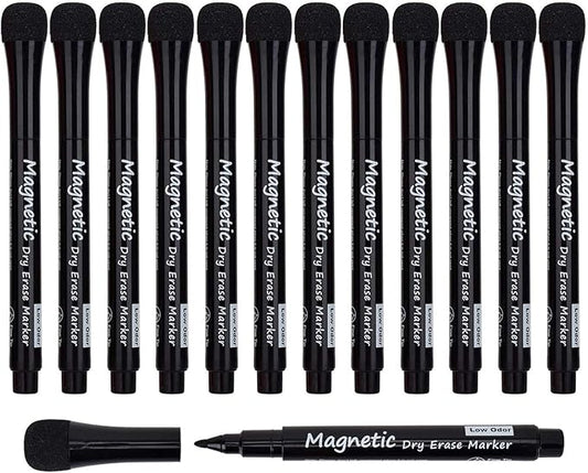 LivDeal Magnetic Dry Erase Markers - Fine Tip, Black Color, 12 Pack, Low Odor Whiteboard Markers for Kids & School, Work On White board & Calendar, Refrigerator
