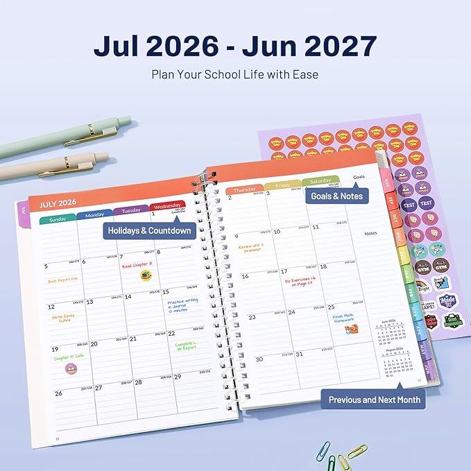 Student Planner 2026-2027, SUNEE Middle or High School Datebooks Student Planner for Academic Year Jul. 2026 - Jun. 2027, 6.5" x 8.3" Lesson Plan Book with Bookmark, Planning Stickers, Academic Color