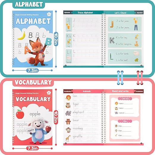 Magic Grooved Writing Practice Books, Reusable 3D Grooved Handwriting Practice for Kids Ages 3-5, Disappearing Ink Pens & Grips, Perfect Educational Gift