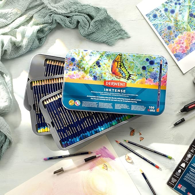 Derwent Inktense Pencils Art Set, 100 Permanent Watercolor Pencils Set in Tin, Premium Colored Pencils for Adults, Water-Soluble Indelible Pencil Collection, 4mm Core, Professional Quality (2306130)