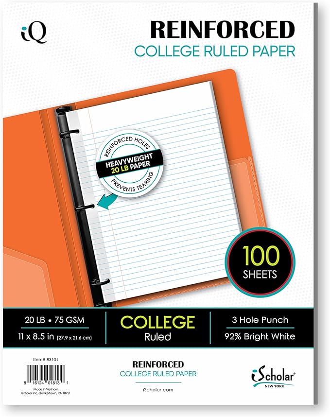 iScholar Reinforced Filler Paper, College Ruled, White, 100 Sheets, 9 x 11 Inches (83101)