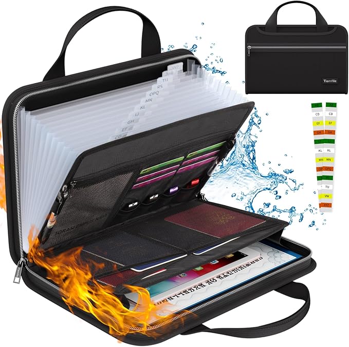 Tamfile Fireproof Accordion File Organizer with Handle, 13 Pocket Transparent Expanding File Folder with Zipper & Labels, File Folder with Multi-Pockets Paper Organizer Folder for Letter A4 Files