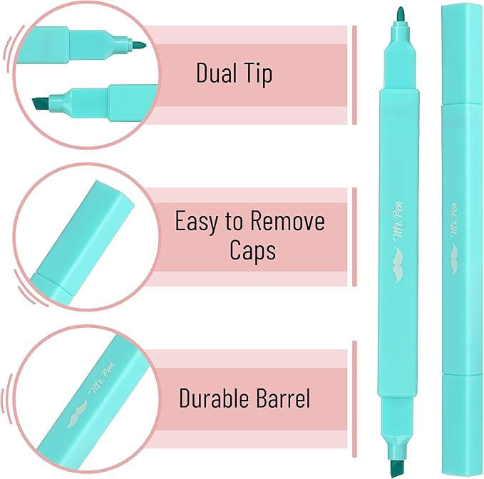Mr. Pen- Dual Tip Aesthetic Highlighters, 8 pcs, Chisel & Fine Tip, Cute Highlighters Assorted Colors for Journaling, Highlighting, Underlining, Fast Dry, Back to School Supplies