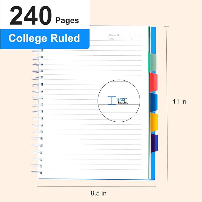 5 Subject Notebook 8.5 x 11 Large Spiral Notebook with Dividers 240 Pages Office Notebooks for Work Multi Subject Notebook with 5 Tabs Professional Organizer Notebooks for Note Taking School, Blue