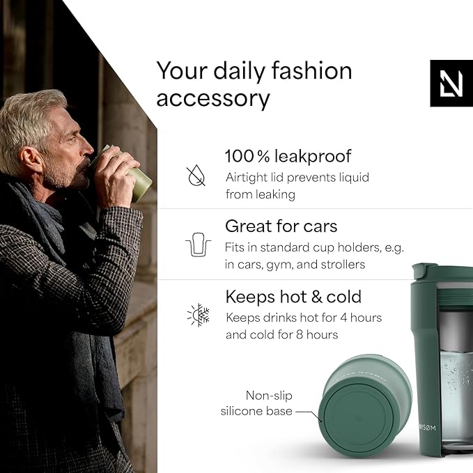 LARS NYSØM Thermo Coffee Mug to go 17oz | Travel Mug 0.5 Liter with Insulation | Silicone grip base | Leak Proof Stainless Steel Tumbler for Coffee and Tea on the Go (Powder Pine Green, 17oz)
