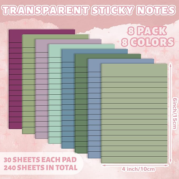 Yinder 8 Pack Pastel Transparent Sticky Notes Translucent Clear Lined Self Stick Note, Back to School Gifts for Bible Tabs, Book Tabs, School Supplies Office, 30 Sheets/Pack, 4 x 6'' (Morandi Color)