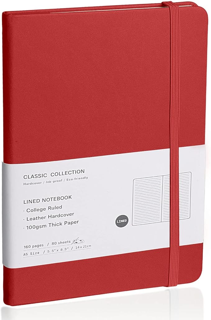 Lined Journal Notebook – Hardcover Notebook for Men & Women – Journals for Writing, Work, School, Home & Daily Notes, 160 Pages – Medium A5, 5.7"x8", 100 gsm Thick Paper (Red)