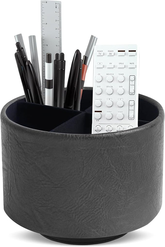 Round Leather Art Supply Organizer,Remote Control Holder,360 Degree Spinning,Multi-Functional Pencil Holder,4 Compartments Desktop Stationary Organizer(1-Crazy Black)