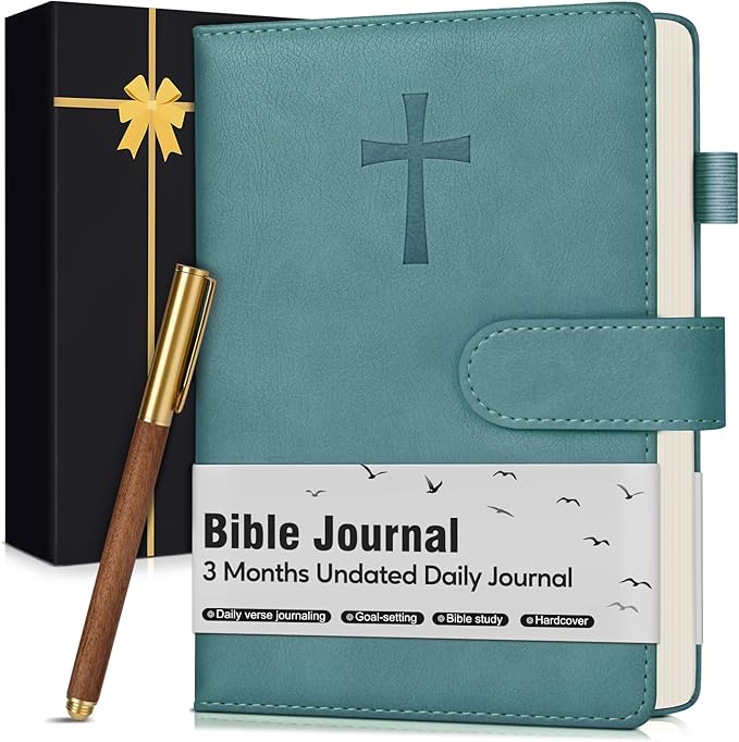 Leather Christian Bible Journal for Men, Prayer Journal for Scripture Study & Daily Devotional, Undated Church Notes Notebook, Jesus Religious Faith Gifts for Pastor, Graduation, Baptism, Aquamarine