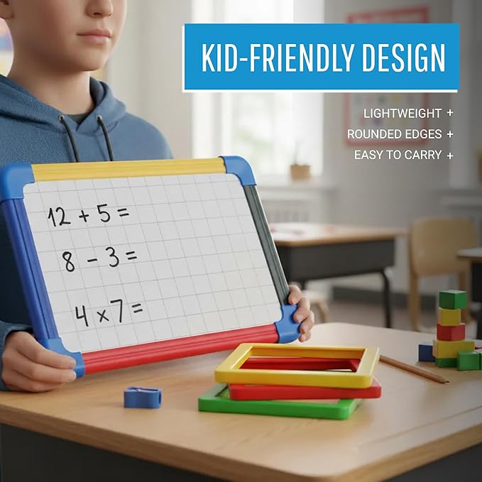 MasterVision Schoolmate Small Dry Erase Lap Whiteboard, 16" x 12", Magnetic Lap Board, Multi-Colored Frame, Double Sided White Board (Blank/Gridded), for Kids, Students, Schools