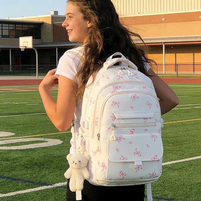 PRLINJSK Girls Backpack for College High Middle School Student, Cute Aesthetic Bookbag for Teens Women with Accessories, Beige Bow