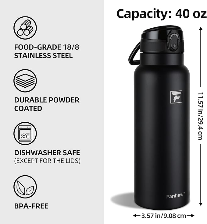Fanhaw 40 Oz Insulated Stainless Steel Water Bottle with Chug Lid – Wide Mouth, Leak-Proof, BPA-Free – Ideal for Kids, Adults, Sports, Gym, and Outdoor Use (Black)
