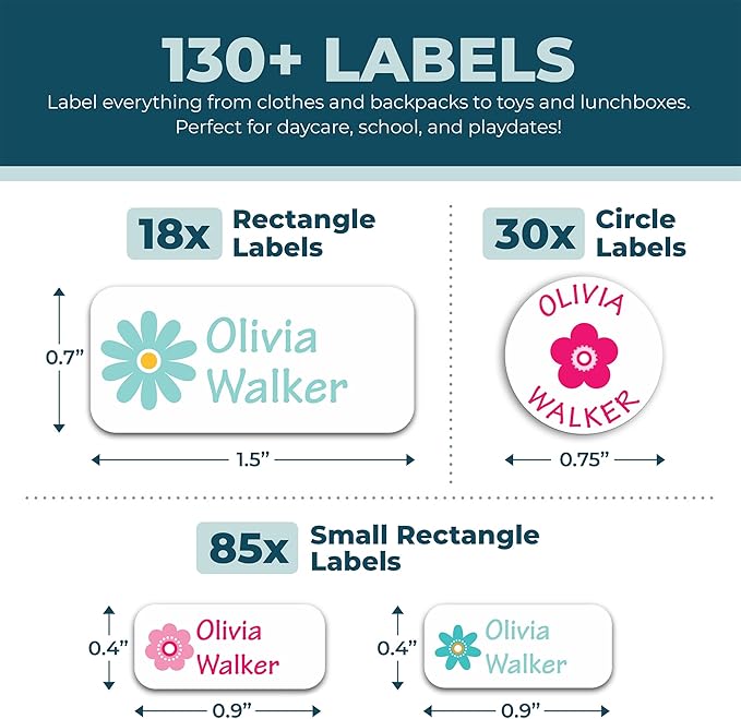 Bunny Badges Personalized Daycare Name Labels for Kids (130 Labels) - Custom Waterproof Name Stickers for Clothing Tags, Water Bottles, Lunch Boxes and School Supplies (Flowers)