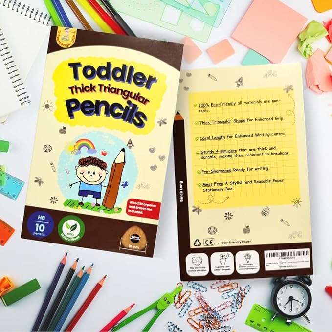 Toddler Pencils Thick Flat Jumbo Triangular Shape for Writing Beginners, Preschoolers, Early Learners, and those with Special Needs. Sets of 10 natural wood pencils with a wood sharpener and eraser