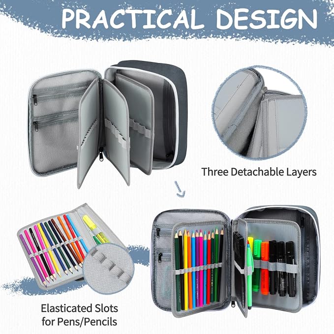 VASCHY Large Pencil Case, Art Color Pencils Pouch with Detachable Layers Multiple Zip Pockets for School Office Stationary Organization Dark Gray