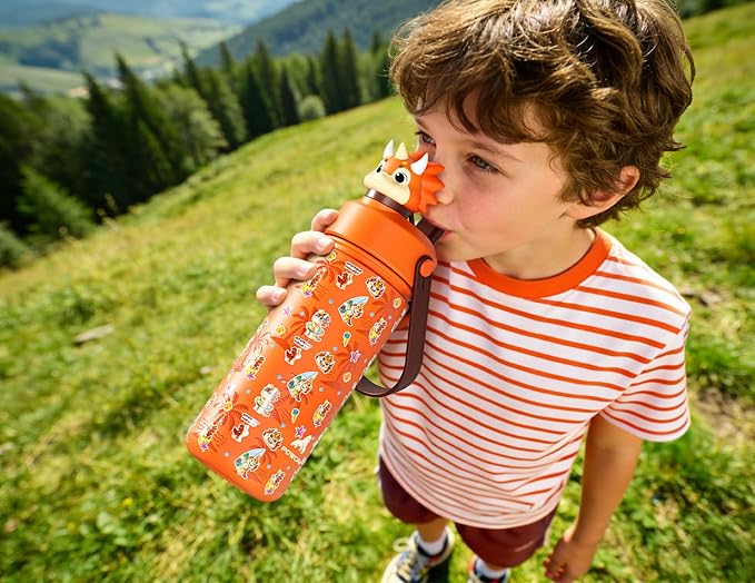 POWCAN 18 oz Kids Water Bottle Insulated: 2-in-1 Straw Spout Lid with Soft Animal Head, BPA-Free, Leakproof, Keep Cold 24H, Backpack Friendly, Stainless Steel Cup for School, Trip, Gift (Sunny Trike)