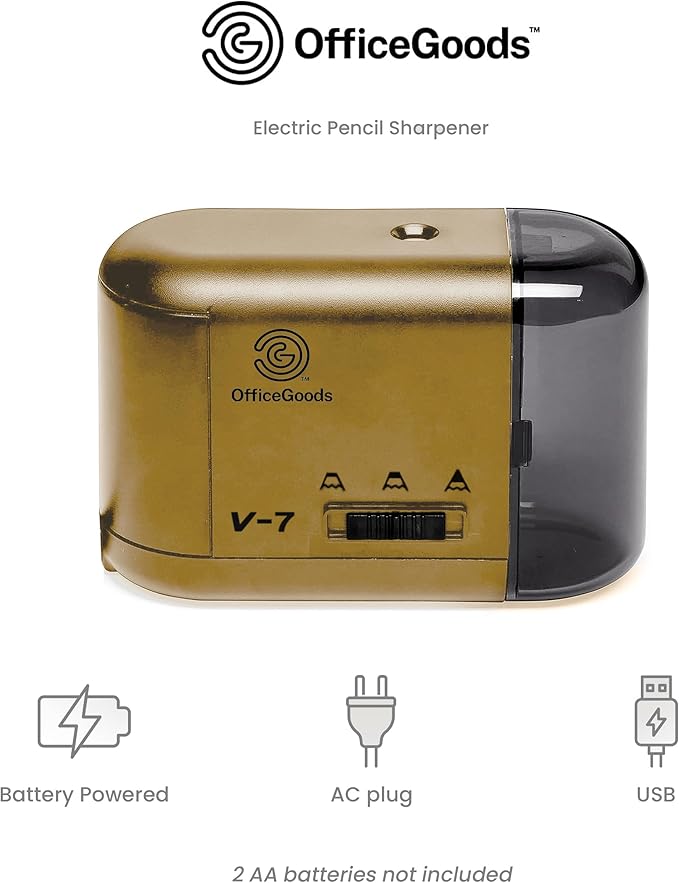 OfficeGoods Electric Pencil Sharpener - Battery or Cord Powered Portable Sharpener - Perfectly Sharpens Colored Pencils, Drafting Pencils for Kids, Adults, Office, School and Home - Gold