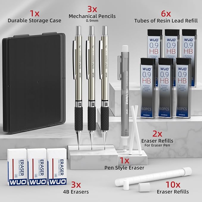 WUO 0.9 mm Mechanical Pencil Set with Eraser Pen Storage Case, 3 PCS | Metal Drafting Pencils, 360 HB Lead Refills, 3x4B Erasers, 12 Eraser Refills for School Artist Writing Drawing Sketching