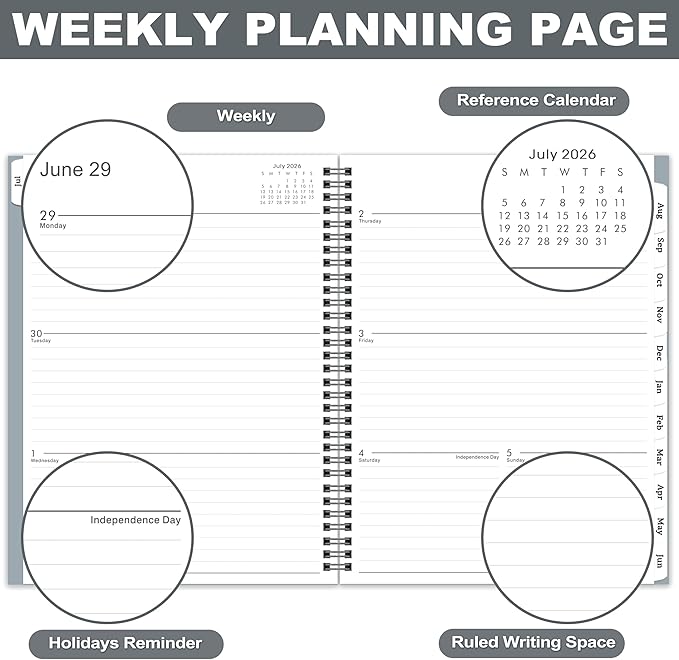 2026-2027 Planner - 2026-2027 Planner Weekly and Monthly from July 2026 to June 2027, Academic Planner with Spiral Bound, Inner Pocket, 8.5'' x 11'', Grey