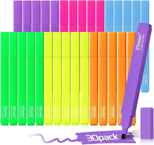 Vitoler Bulk Highlighters Assorted Colors, Chisel Tip Quick Dry 30PCS Pack | Cute Highlighters Set for Book Studying, Note-Taking, Journaling, Back to School & Teacher Supplies