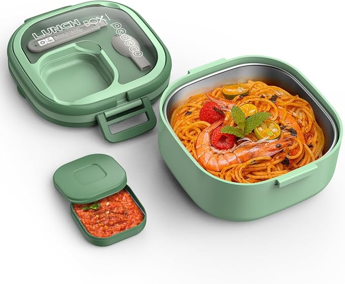 PEDECO Single-Layer Bento Lunch Box for Kids & Adults with Removable Stainless Steel Lunch Container,Dressing Container,BPA-Free,Dishwasher Safe - Includes Utensil(Green,Not Insulated)