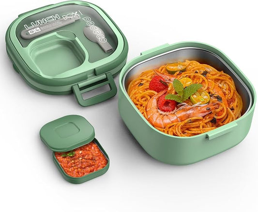 PEDECO Single-Layer Bento Lunch Box for Kids & Adults with Removable Stainless Steel Lunch Container,Dressing Container,BPA-Free,Dishwasher Safe - Includes Utensil(Green,Not Insulated)