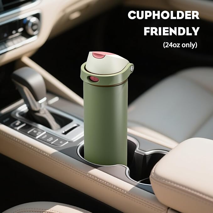 POWCAN 24 oz Insulated Water Bottle for Men: 2-in-1 Push-Button Spout & Quick-Flip Straw, Leakproof, Cold 24Hrs, Fits Car Cup Holder, Stainless Sports Bottle for Travel, Camping, Gift (Hunter Crest)