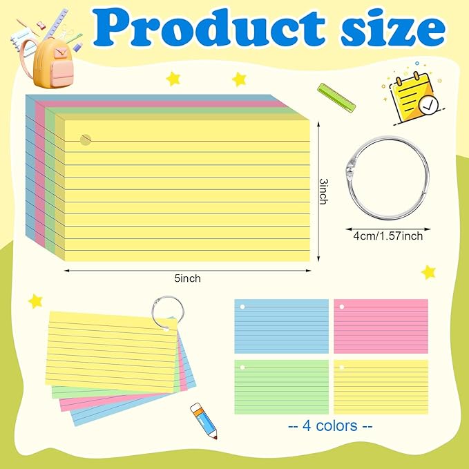 Colored Index Cards 3x5 Inch Heavyweight Flash Cards with Ring Lined Flashcards Note Cards for Studying School Supplies College, 200 Count