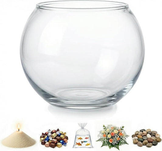 Glass Fish Bowl, Decorative Glass Bowl, Round Vase for Flowers and Decoration, Bowl for Sand Candles, Terrarium Bowl, Sphere Vase (5.7x4.5 inches)