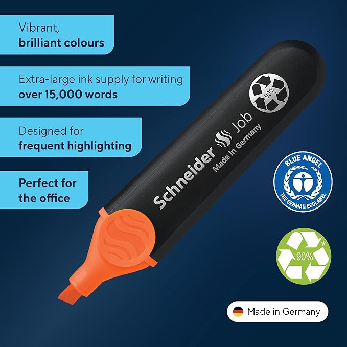 Schneider Job Highlighter, Chisel Tip, 1 + 5 mm, Black Barrel, Orange Ink, Box of 10 Highlighters (1506)