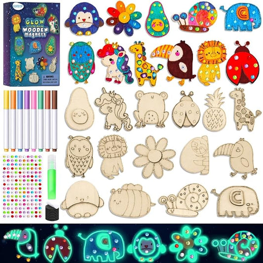 EAPHANT Kids Crafts, 15 PCS Kids Activities Arts and Crafts Painting Kits, Glow in The Dark Wooden Magnets to Paint
