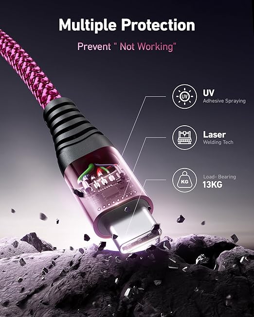 USB C Cable Fast Charging 60W [2Pack 6FT], USB C to USB C Cable for Car Durable Braided iPhone USB Type C Cable USBC to USBC Cord for iPhone 17/16/15/Pro Max, Samsung Galaxy S23 and More-Rose Red