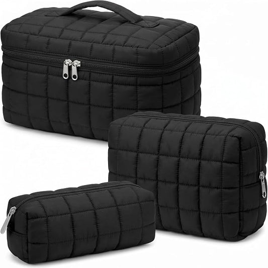 Huhumy 3 Pcs Large Puffy Makeup Bag Set Quilted Cosmetic Pouch for Women Cute Checkered Travel Toiletry Bag Puffer Makeup Organizer Purse Pouch Preppy Pencil Case with Zipper Valentine Gift(Black)