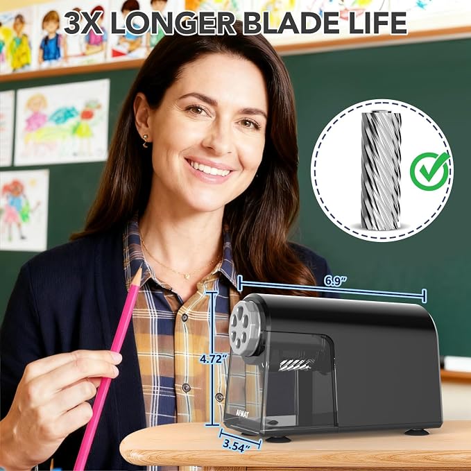 AFMAT Electric Pencil Sharpener for Classroom, 6 Holes, Cordless & Rechargeable, Fast Sharpen, Auto Stop, 10K+ Uses, Heavy Duty Pencil Sharpener for 6-11mm No.2/Large/Colored Pencils PSD2(Black)