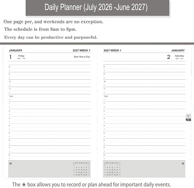 Daily Planner 2026-2027, One Page Per Day, Academic Calendar (July 2026 - June 2027), Appointment Book with Time Slots and Monthly Tabs, 5.7" x 8.25", Pocket, Leather Cove (Purple)
