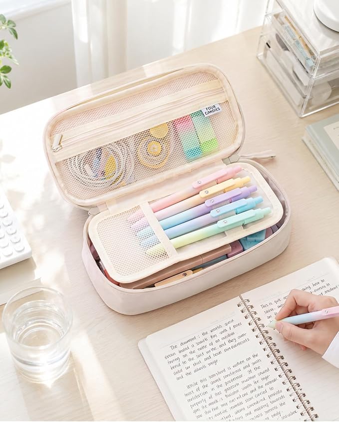 Four Candies Large Pencil Case, 5 Compartments Canvas Pen Organize | Big Capacity Pencil Pouch Bag for School Supplies, Portable Stationery Holder for Teen Girls Boy Men Women