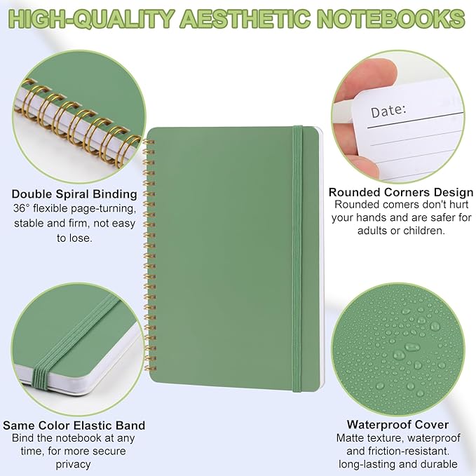 Utron Spiral Notebook For Women & Men, 2PCS Spiral Journal Notebooks, 5.9 x 8.3” College Ruled Notebook For Work Notes, Journal Writing, And Daily Life Entries (Green)