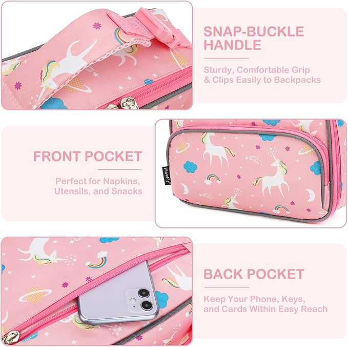 FlowFly Kids Lunch box Insulated Soft Bag Mini Cooler Back to School Thermal Meal Tote Kit for Girls, Boys,Unicorn