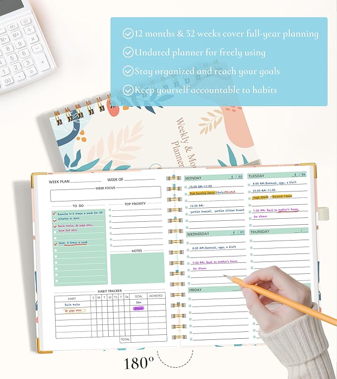 Undated Weekly Planner, Hardcover Weekly & Monthly Calendar Blank Planner, To Do List Notebook with Goal & Habit Tracker Organizer, A5 Daily Planner with Spiral Binding, Ideal for Work School Home, Abstract Floral