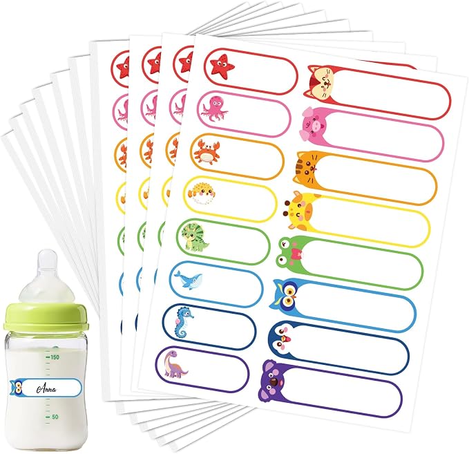 608PCS Daycare Labels, Bottle Name Labels for Kids (Animals) | Waterproof Labels for Bottles | Baby Name Label | Nursery and Preschool Essentials