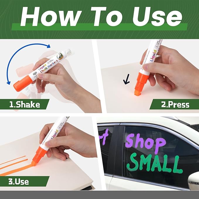 Liquid Chalk Markers 8 Colors Neon Chalk Pens with 10mm 3 in 1 Nib, Drawing Erasable Markers for Blackboard, Chalkboard, Whiteboard, Glass, Window, Cars, Mirror
