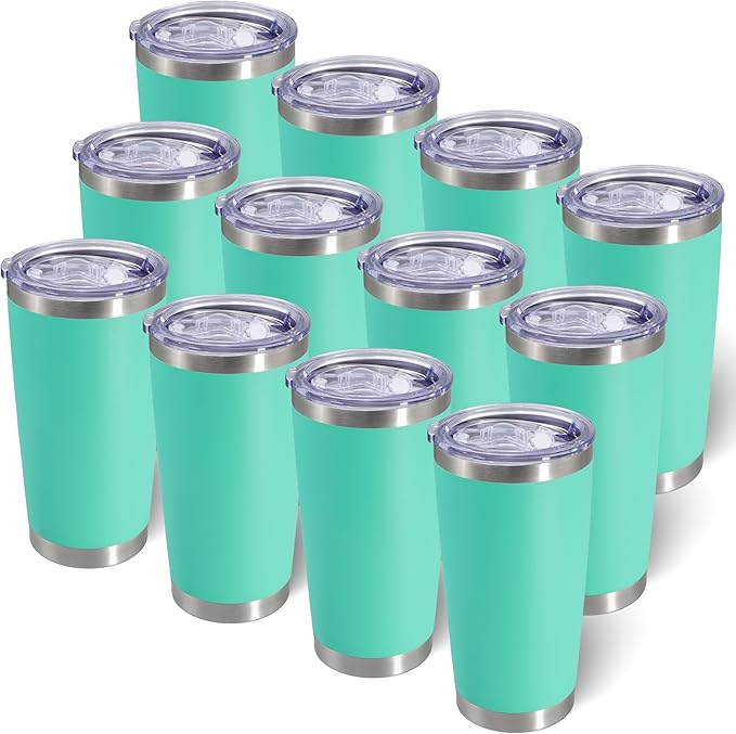 AIANJI 20oz Tumbler Bulk Stainless Steel Tumblers with Lid Vacuum Insulated Double Wall Travel Coffee Mug Powder Coated Tumbler Cup for Hot and Cold Drinks(Light Blue, 12 pack)