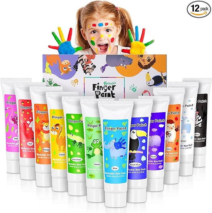 Washable Finger Paint for Toddlers 1-3, Non Toxic Kids Finger Paint Set, 12 Vibrant Colors (1.22 fl oz), Baby Safe Toddler Art Supplies, Sensory Preschool Learning Easter Gift for Boys Girls