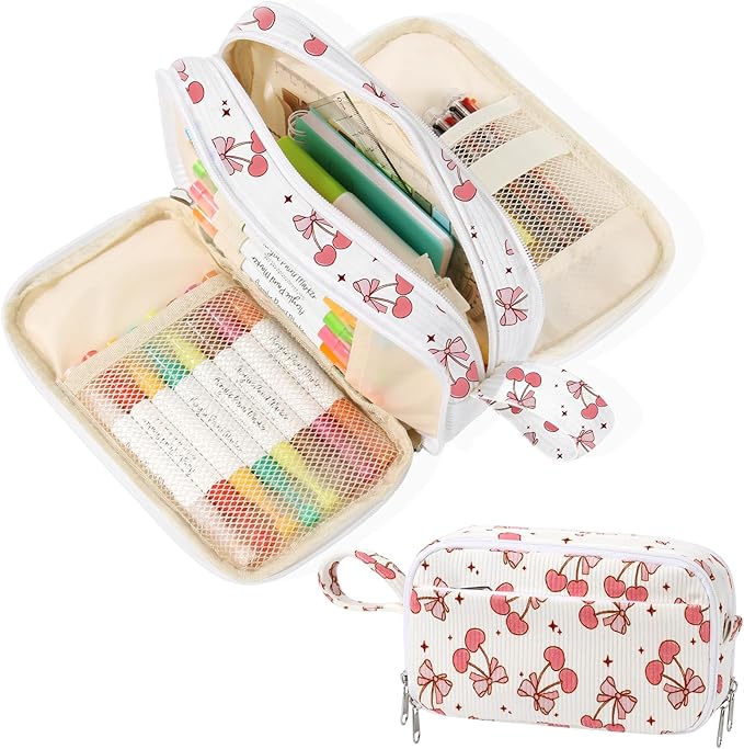 BuyCard Large Capacity Pencil Case, White With Pink Cherry Pattern, Corduroy Pencil Bag with Zipper Closure, Graduation Gift Office Stationery Storage Pen Pouch for Classroom Teacher