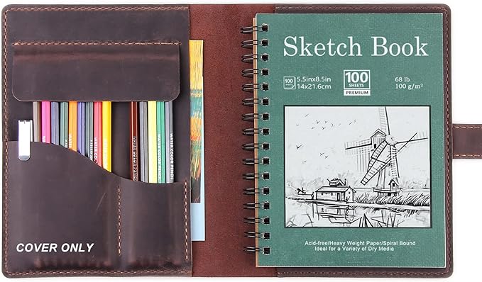 Robrasim Handmade Leather Sketchbook Cover, Leather Artist Sketch Pad Cover for 5.5" x 8.5" Sketchbook, Drawing Book and Pencil Case, Journal Notebook Portfolio, Artis Gifts-Coffee