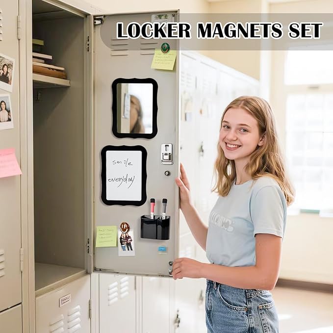 Locker Accessories for Girls Boys with Locker Mirror, Magnetic Whiteboard, Cute Smiley Face Magnets, Back-to-School Locker Decorations, Ideal for Office School Locker (Black Locker Decor Set)